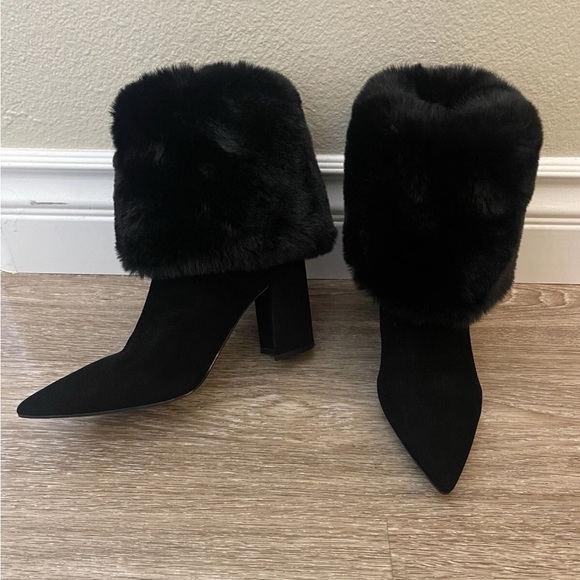 Nine West Shoes - Nine West Black Faux Fur Cuff Pointed Toe Block Heel Ankle Boots